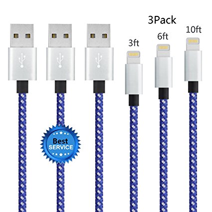 iPhone Cable SGIN 3-PACK 3FT 6FT 10FT Nylon Braided Lightning to USB Cable - Syncing for Apple iPhone 7, 7 Plus, 6s, 6s , 6, SE, 5s, 5c, 5, iPad, iPod (BlueWhite)