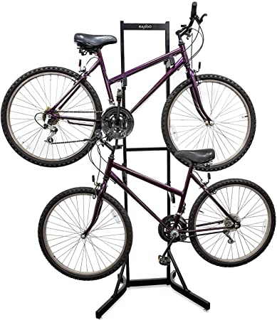 RaxGo Bike Storage Rack, 2 Bicycle Garage Stand, Adjustable, Freestanding, Adjustable Hooks Universal for Indoor Use