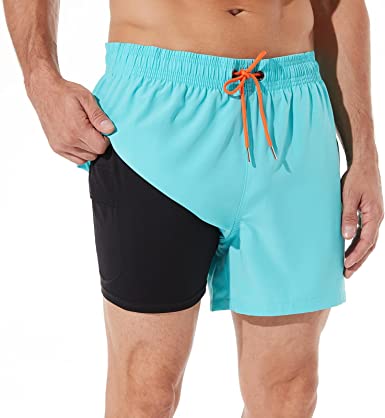 BRISIRA Swim Trunks Men Swim Shorts Quick Dry 5 inch Inseam Beach Shorts with Compression Liner and Zipper Pocket