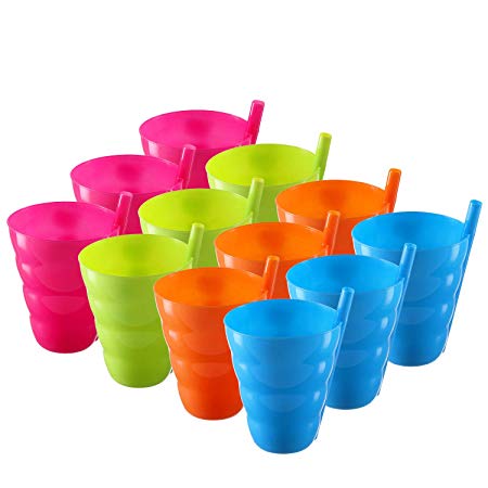 Pack of 12 Kids Cups – 10 Oz Straw Cups for Toddlers – Kids Straw Cup – Plastic Toddler Straw Cup – BPA Free Kids Cup - Fun Bright Color Cups for Toddlers – Kids Cup with Straw - 4 Assorted Colors