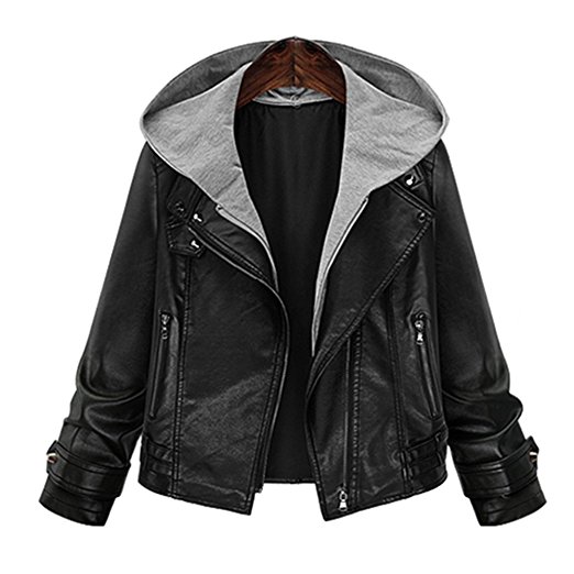 Jade Women's Hooded PU Leather Jacket Black Motorcycle Leather Jacket Outwear