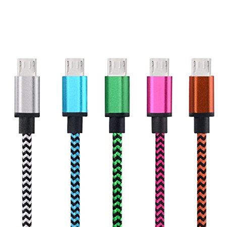 Micro USB Cable, Ailkin High Speed [5-Pack] 3Ft Nylon Braided USB 2.0 A Male to Micro B Data Sync & Charging Cable for Samsung and Other Android Smartphone (Green, White, Hot Pink, Blue, Orange)