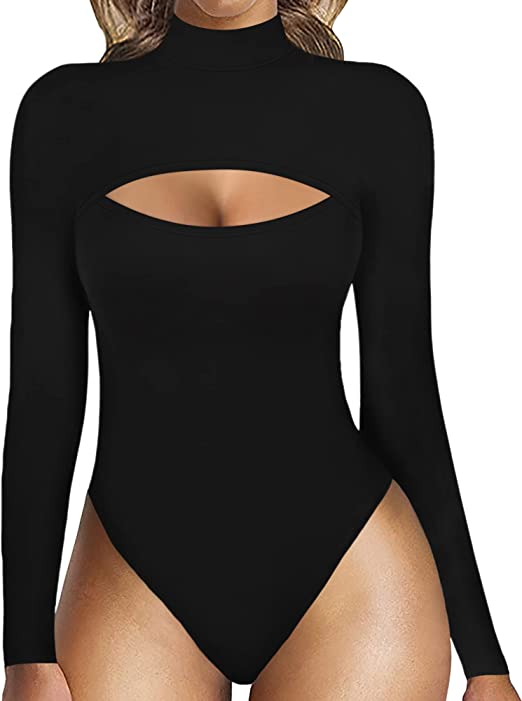 MANGOPOP Mock Neck Sexy Cutout Front T Shirt Sleeveless/Long Sleeve Bodysuit for Women