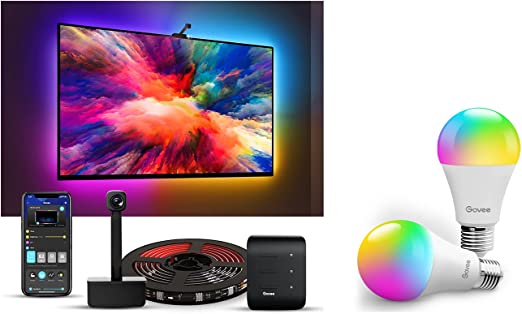 Govee TV LED Backlights with Camera, DreamView T1 RGBIC Wi-Fi TV Backlights for 55-65 inch TVs PC Bundle with Govee LED Light Bulb Dimmable, Music Sync Color Changing Light Bulbs