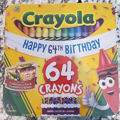 Crayola Crayons, 64 Count, Collector's 64th Birthday Tin, Assorted Colors, Gift for Kids, Includes Confetti Crayons