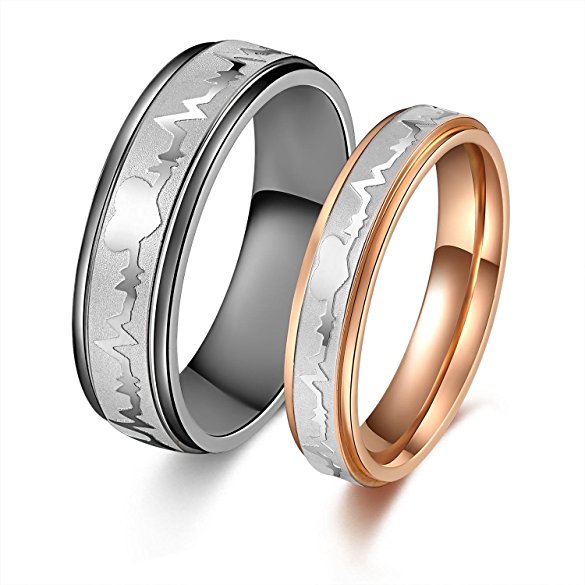 His or Hers Matching Set Heart Beat Chart Titanium Steel Couple Wedding Band Ring in a Gift Box