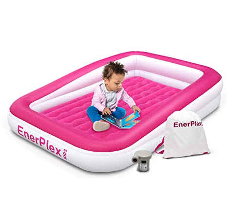 EnerPlex Kids Inflatable Toddler Travel Bed, Portable Air Mattress for Kids, Blow up Mattress with Sides – Built-in Safety Bumper - Pink 2-Year Warranty