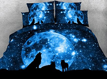 800 Thread Count Duvet Cove Sets Full Size for Teen Kids, Moonlight Wolf 3D Bedding Sets Full Size,Cotton Quilt Cover Sets 4 Pieces,1 Duvet Cover,1 Flat Sheet,2 Pillowcases,No Comforter (Full)