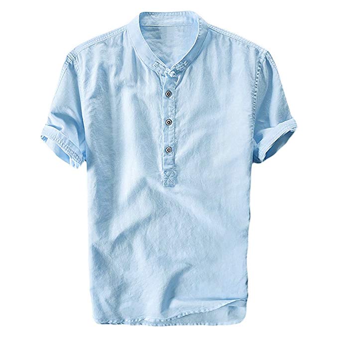 Mens Linen Shirts Short Sleeve Beach Henley Shirt Summer Button Up Tops Cotton Lightweight Tees Plain Mandarin Collar Blouses