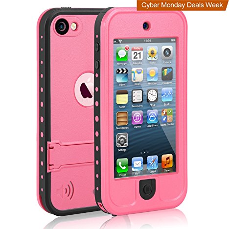 Waterproof Case for iPod 5 iPod 6, Merit Waterproof Shockproof Dirtproof Snowproof Case Cover with Kickstand for Apple iPod Touch 5th/6th Generation for Snorkeling Swimming Diving (Pink)