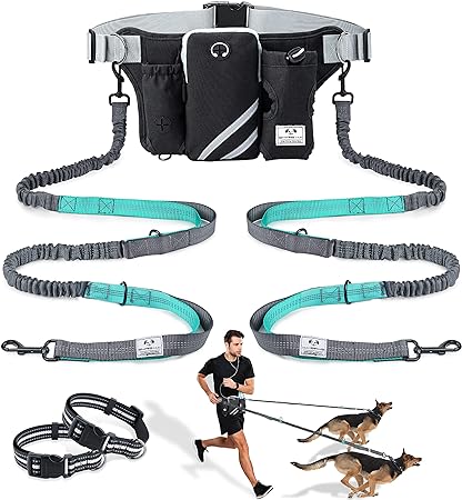 SHINE HAI Retractable Hands Free Dog Leash with Dual Bungees for 2 Dogs, Adjustable Waist Belt Fanny Pack, Reflective Stitching Leash for Running Walking Hiking Jogging Biking Black