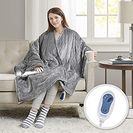 Comfort Spaces Electric Heated Throw Blanket Wrap Ultra Soft Warm Plush Sherpa Reverisble Blanket - 3 Fast Heat Setting - Grey - 50x64 inches Match Socks Set …