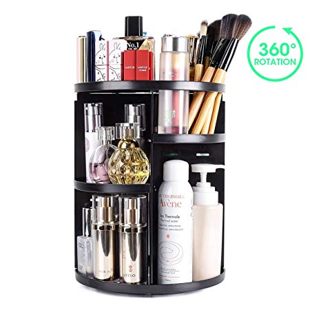 Makeup Organizer,360 Degree Rotating and Adjustable Multi-Function Vanity Cosmetic Storage Box, Extra Large Capacity, Space Saving, Fits Toner, Creams, Makeup Brushes, Lipsticks and More (Black)