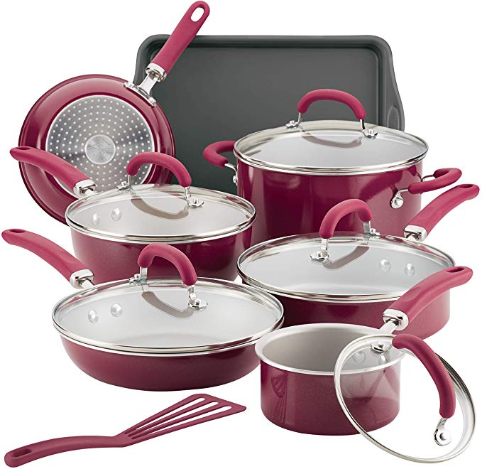 Rachael Ray 12145 Create Delicious Nonstick Cookware Pots and Pans Set, 13 Piece, Burgundy Shimmer