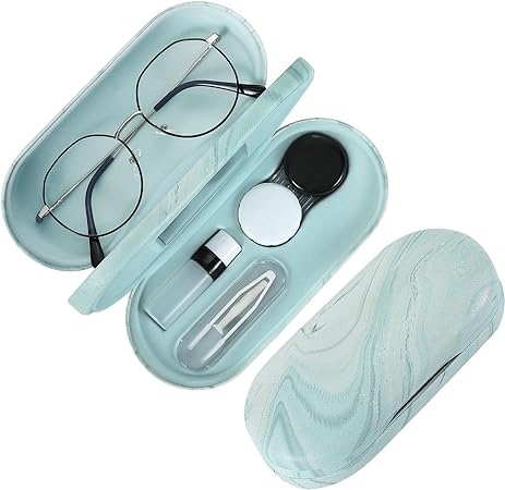 MoKo Double Eyeglass Case, 2 in 1 Double Sided Portable Glasses Case Contact Lens Case with Mirror Eye Glasses Carrying Bag Anti-Scratch Sunglasses Pouch Protective Eyewear, Blue Water Color