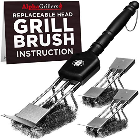 Alpha Grillers Grill Brush & Scraper with 3 Replaceable Heads | Best BBQ Cleaner. Perfect Tools for All Grill Types | Stainless Steel Wire Bristles and Stiff 18 Inch Handle. Ideal Barbecue Accessories