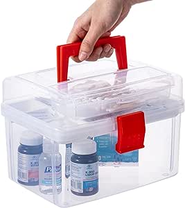 MyGift Premium Clear First Aid Bin with Detachable Tray and Quick Access Top Lid Flap, Portable Emergency Kit, Medical Supply Travel Tote, Medicine Storage Box Container (Red)