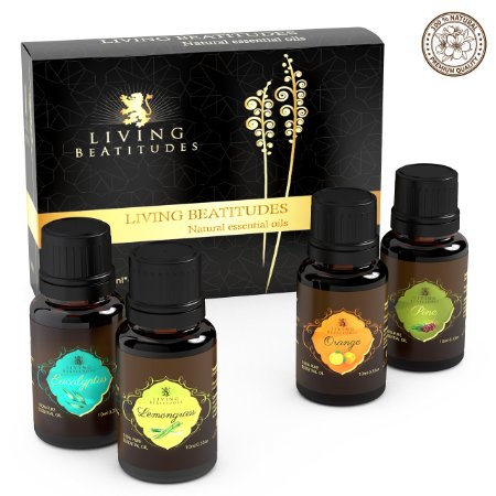Living Beatitudes Aromatherapy Essential Oils, 100% Organic Pure Therapeutic Grade, Set of 4x10ml (Eucalyptus, Lemongrass, Orange, Pine)