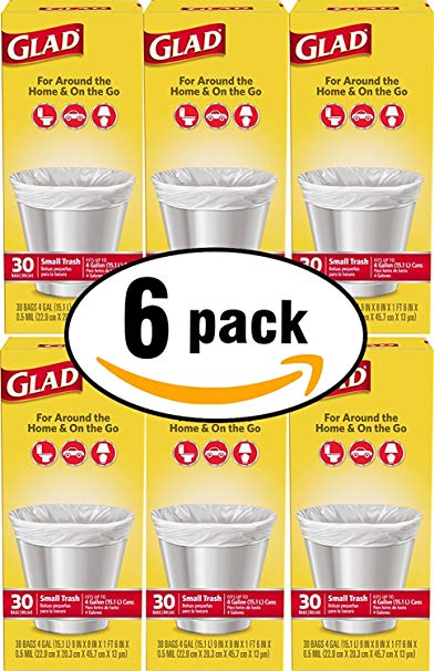 Glad Small Trash Bags, 4 Gallon, 30 count (Pack of 6)