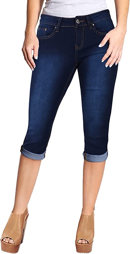 2LUV Women's Stretchy 5 Pocket Skinny Mid Rise Capri Ripped Denim Jeans