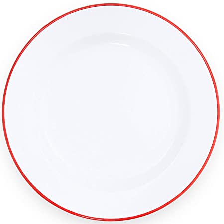 Enamelware Dinner Plate, 10.25 inch, Vintage White/Red (Set of 4)