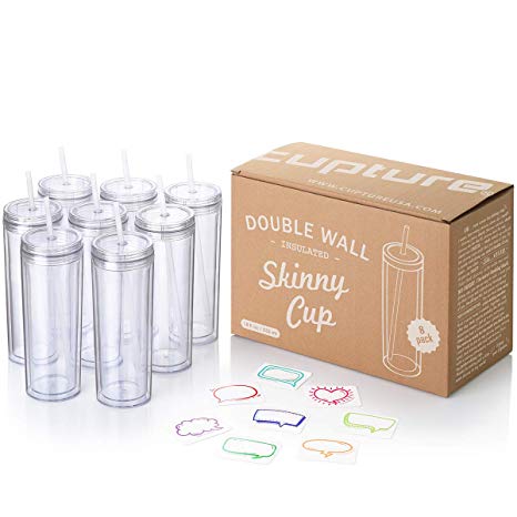 Cupture Skinny Acrylic Tumbler Cups with Straws - 18 oz, 8 Pack (Clear)