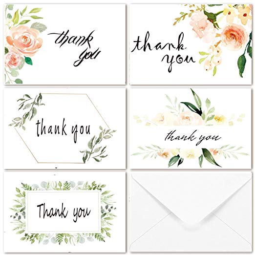 Thank You Cards for Wedding, Bridal Shower Baby Shower Thank You Notes Card with Envelopes and Stickers, 40 Bulk Pack Greenery Floral Flower Greeting Cards 4 x 6" Size, Blank On the Inside