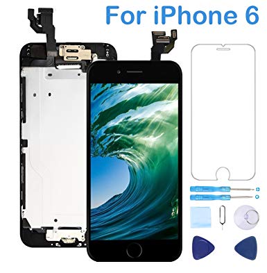 Screen Replacement for iPhone 6 Black 4.7" Inch LCD Display Touch Digitizer Frame Assembly Full Repair Kit,with Home Button,Proximity Sensor,Ear Speaker,Front Camera,Screen Protector,Repair Tools