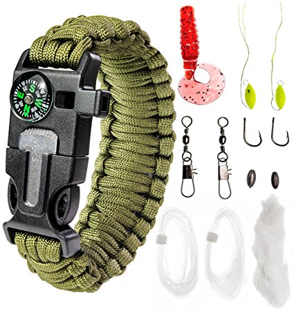 Paracord Bracelet Emergency Kit 17 pcs Survival Gear by A2S - Ultimate Survival Series includes 12 pcs Fishing Gear & Baits - Emergency Food Preparedness for all