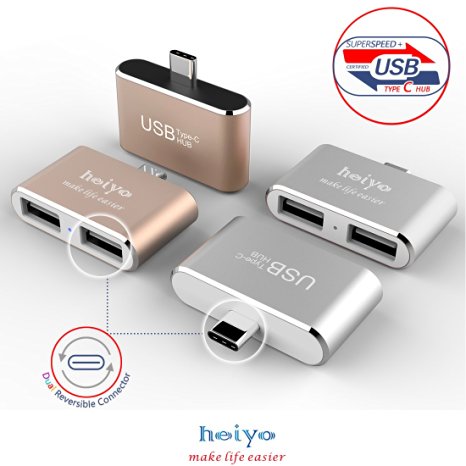 Portable USB C 3.1 Hubs,Type C 3.1(Reversible Plug) to 2-Port USB-A(Reversible Plug) Aluminum Hub with 1 USB C Input Charging Port for Apple MacBook Google ChromeBook Pixel(Hub Silver) by Heiyo™