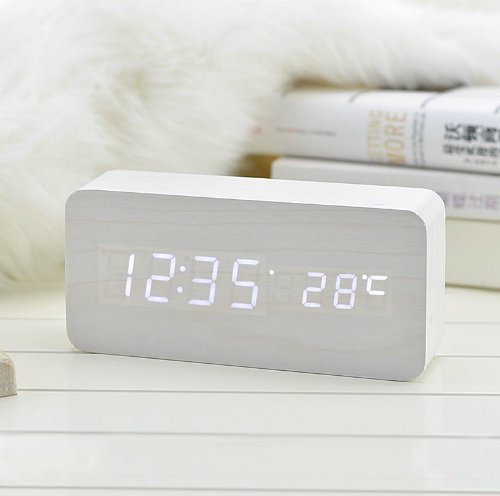 Elecsmart White Wooden Grain Design White Light Decorative Desktop Alarm Clock with Time and Temperature Display - Sound Control - Latest Generation (Usb/4xaaa)