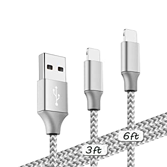 ANTPO iPhone Charger，MFi Certified Lightning Cable,Nylon Braided USB Fast Charging Syncing Cable Compatible with iPhone 11/XS/X/8/7/Plus/6S/6/iPad and More 2Pack [3/6]FT-Silver&White