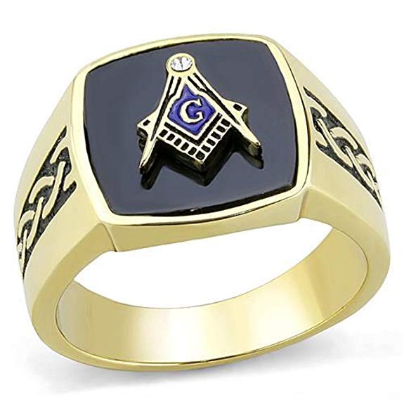 Vip Jewelry Co Men's 14k Gold Plated Stainless Steel Masonic Lodge Freemason Ring Band Size 8-13