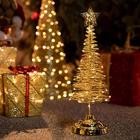 Varmax Small Christmas Tree Prelit Tabletop Tree with Star Tree Topper 15 inches, Gold