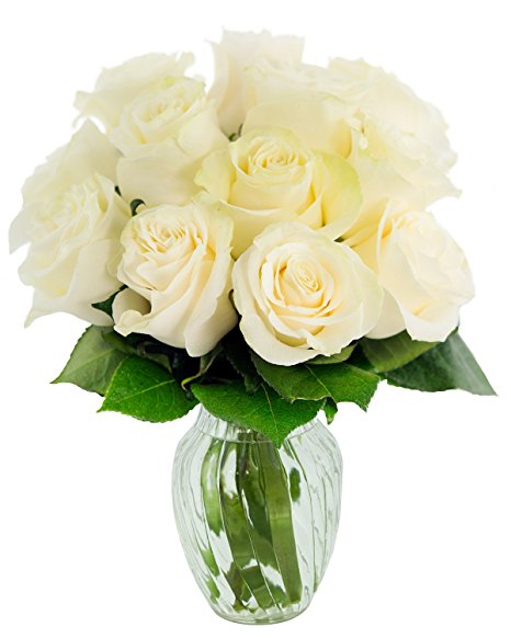 KaBloom Valentine’s Day Special: Bouquet of 12 Fresh Cut White Roses (Long Stemmed) with Vase