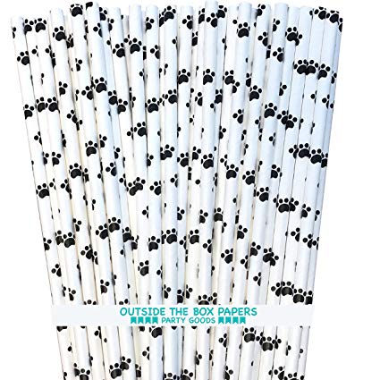 Dog Theme Paw Print Paper Drinking Straws - Black White - 7.75 Inches - 100 Pack - Outside the Box Papers Brand