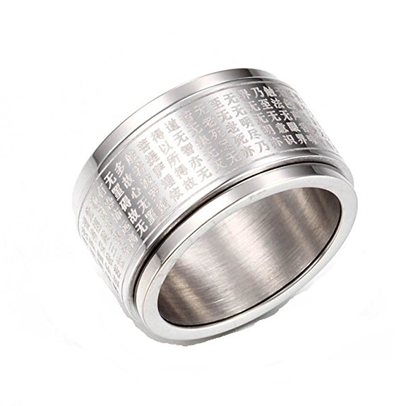 JAJAFOOK 12mm Wide Stainless Steel Chinese Heart Sutra Engraved Buddhist Spinning Ring Bands for Men