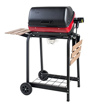 Meco Electric Cart Grill with two folding, composite-wood side tables and wire shelf