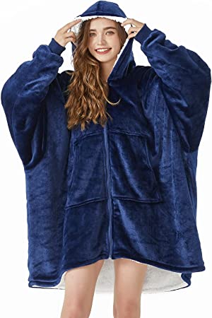 TOPCEE Oversized Blanket Hoodie Sweatshirt with Zip, Cozy Warm Hooded Sherpa Fleece Wearable Blanket, Louging Blanket with Giant Pocket, Gifts for Adults Girlfriend Wife Mom and Daughter. (Navy Blue)