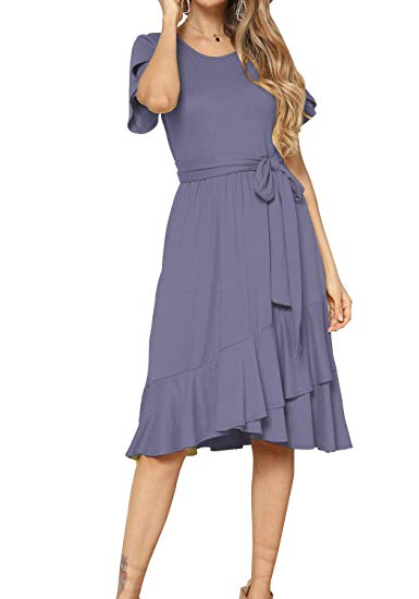 levaca Women's Plain Casual Flowy Short Sleeve Midi Dress with Belt