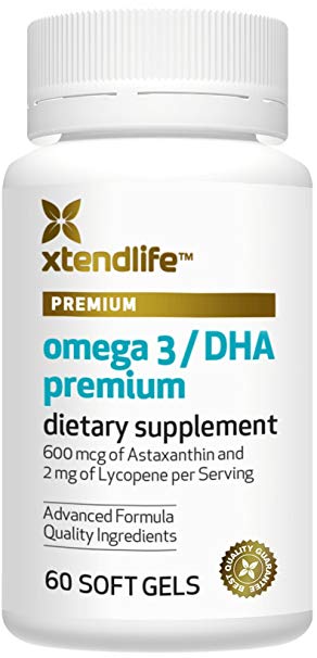 Xtend-Life Omega 3/DHA Premium Fish Oil, Exclusive Formula, 100% Pure Natural Fish Oil, 700mg DHA/day, Lycopene, Astaxanthin, Anti Aging and Skin Support, 60 Gluten Free Soft Gels