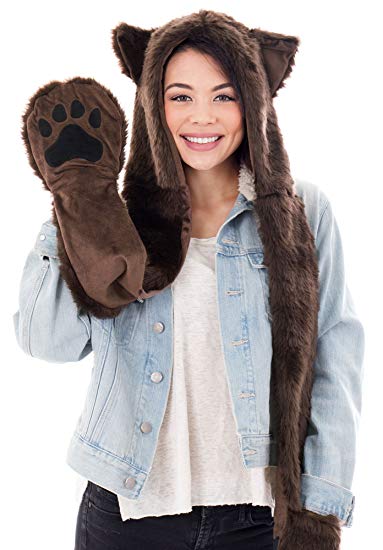 3-in-1 Winter Cute Plush Furry Animal Hoodie Hat, Scarf, and Paw Mittens