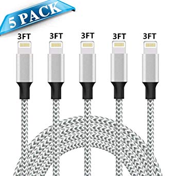 iPhone Charger,Lightning Cable 5 PACK (3FT/3FT/3FT/3FT/3FT) Extra Long Nylon Braided USB Charging & Syncing Cord Compatible with iPhone Xs/XR/XS Max/X/7/7Plus/8/8Plus/6S/Plus/5SE/5S/5C/5 (Silver&Gray)