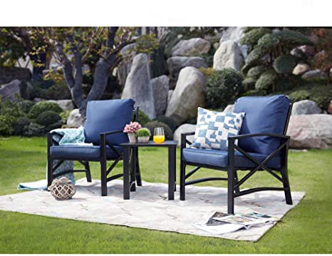 LOKATSE HOME 3 Piece Outdoor Patio Chairs Set with Table, Bistro Furniture Metal with Cushions, Blue