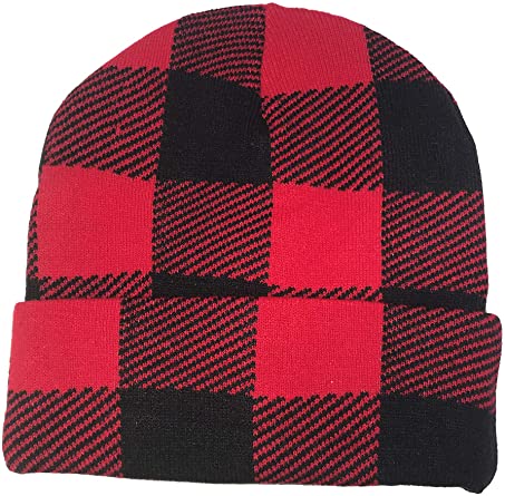 Red Black Buffalo Plaid Flannel Look Cuffed Long Winter Watch Stocking Cap Hat