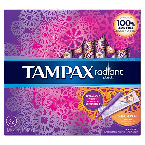 Tampax Radiant Plastic Unscented Tampons, Super Plus Absorbency, 32 Count