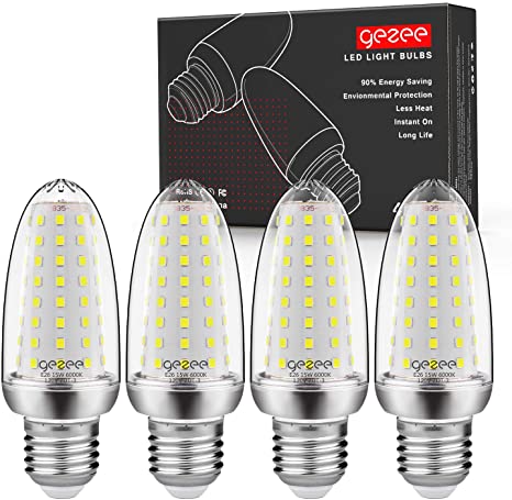 GEZEE 15W LED Corn Light Bulb,120 Watt Equivalent,E26 LED Lamp 15000 Lumens 6000K Daylight-White,Non-Dimmable,for Ceiling Fan,Flicker Free(Pack of 4)
