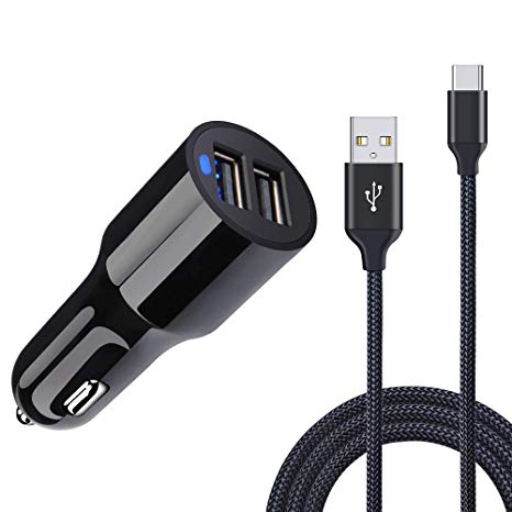 FiveBox 4.8A Dual USB Fast Car Charger Vehicle Adapter 6FT USB Type C Charger Cable Charging Cord Samsung Galaxy S9 S8 Note 9 8, Moto X4 G6 Z3 Z2, LG G7 G6 G5 V20 V30 V35 V40 ThinQ, Stylo 4