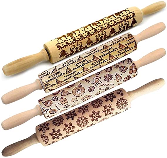 Christmas Wooden Rolling Pins,Engraved Embossing Rolling Pin with Christmas Deer Pattern for Baking Embossed Cookies,Rolling Pin Kitchen Tool (17inch)