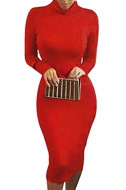 Vograce Women's Turtleneck Long Sleeve Stretchy Mid Length Bodycon Bandage Dress